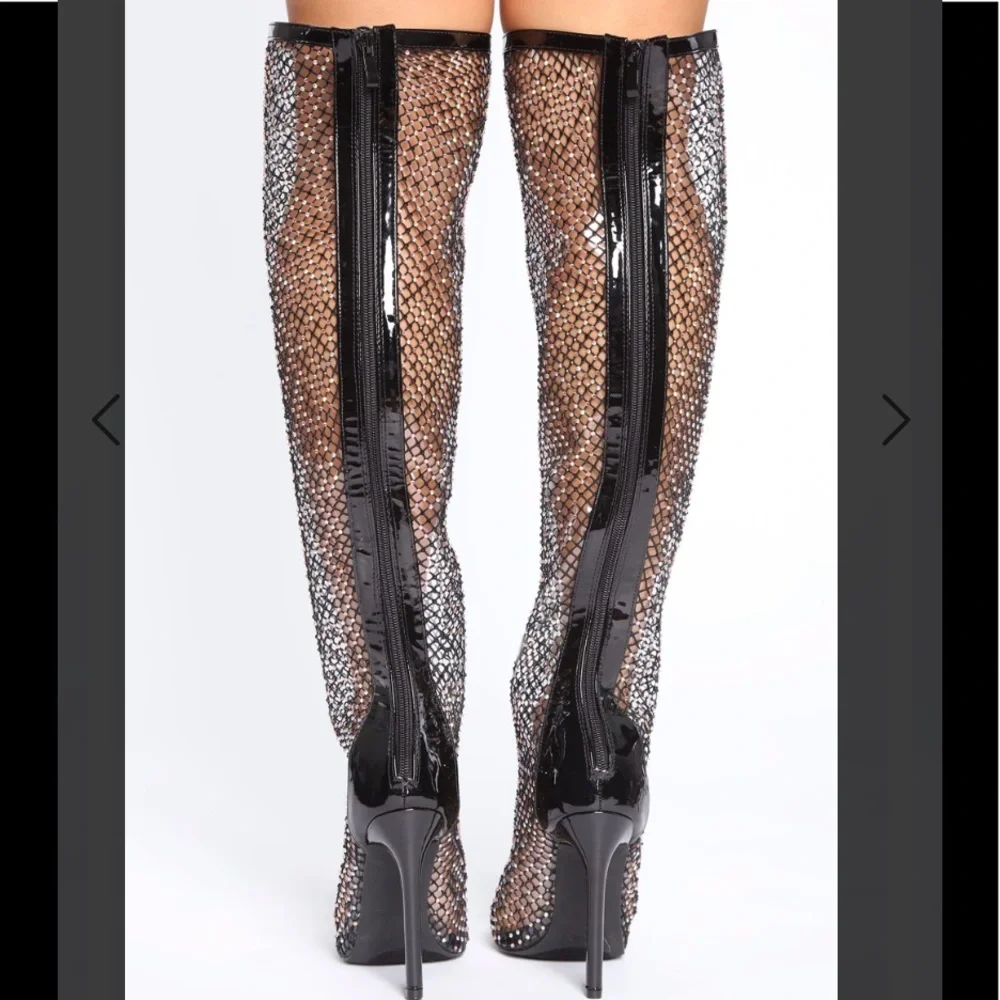 Fishnet Rhinestone Knee Boots - Picture 5 of 9